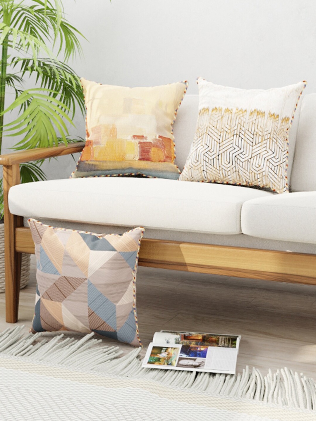 

BIANCA Brown & Grey Set of 3 Geometric Square Cushion Covers