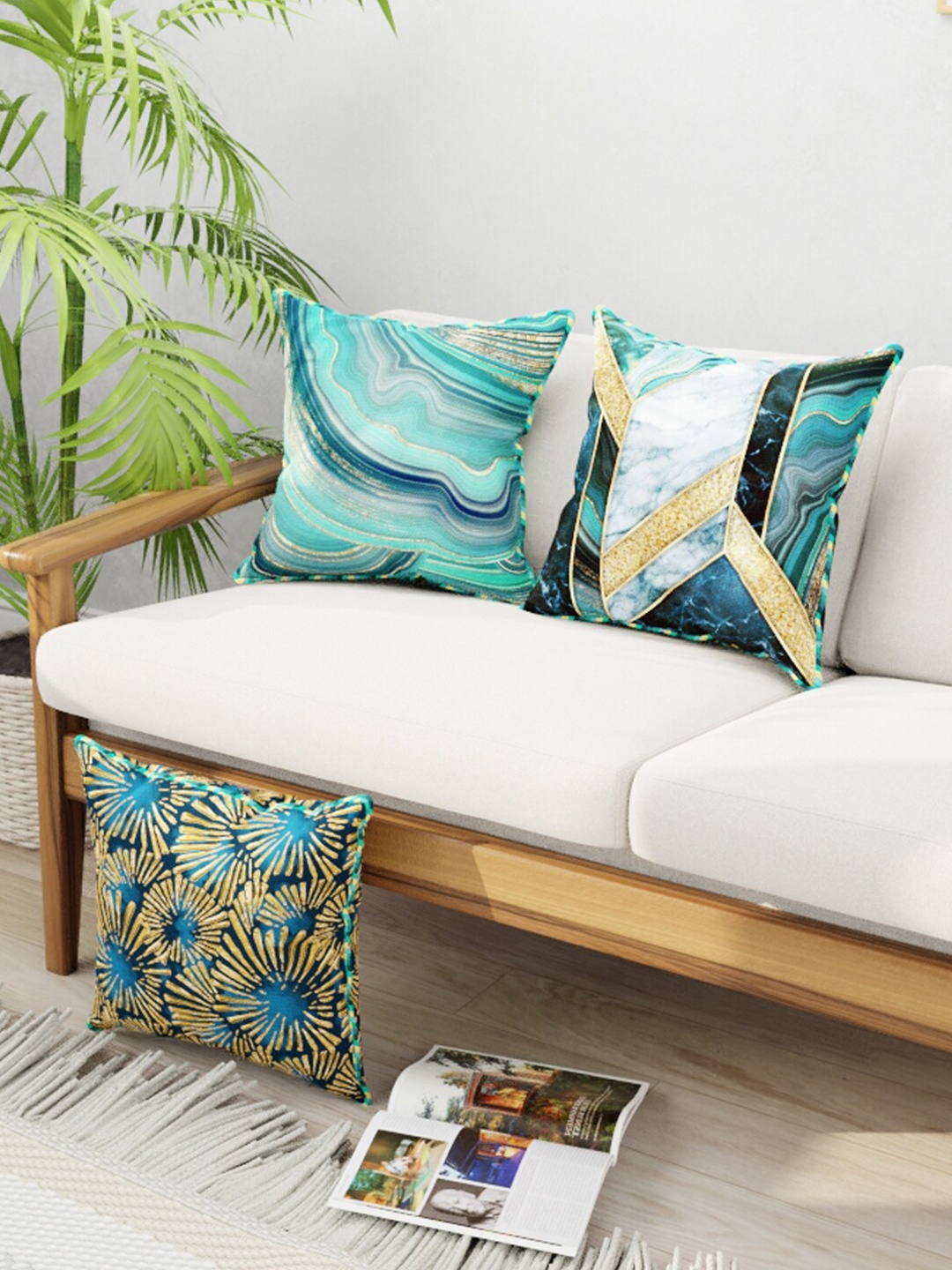 

BIANCA Teal & Gold-Toned Set of 3 Abstract Square Cushion Covers