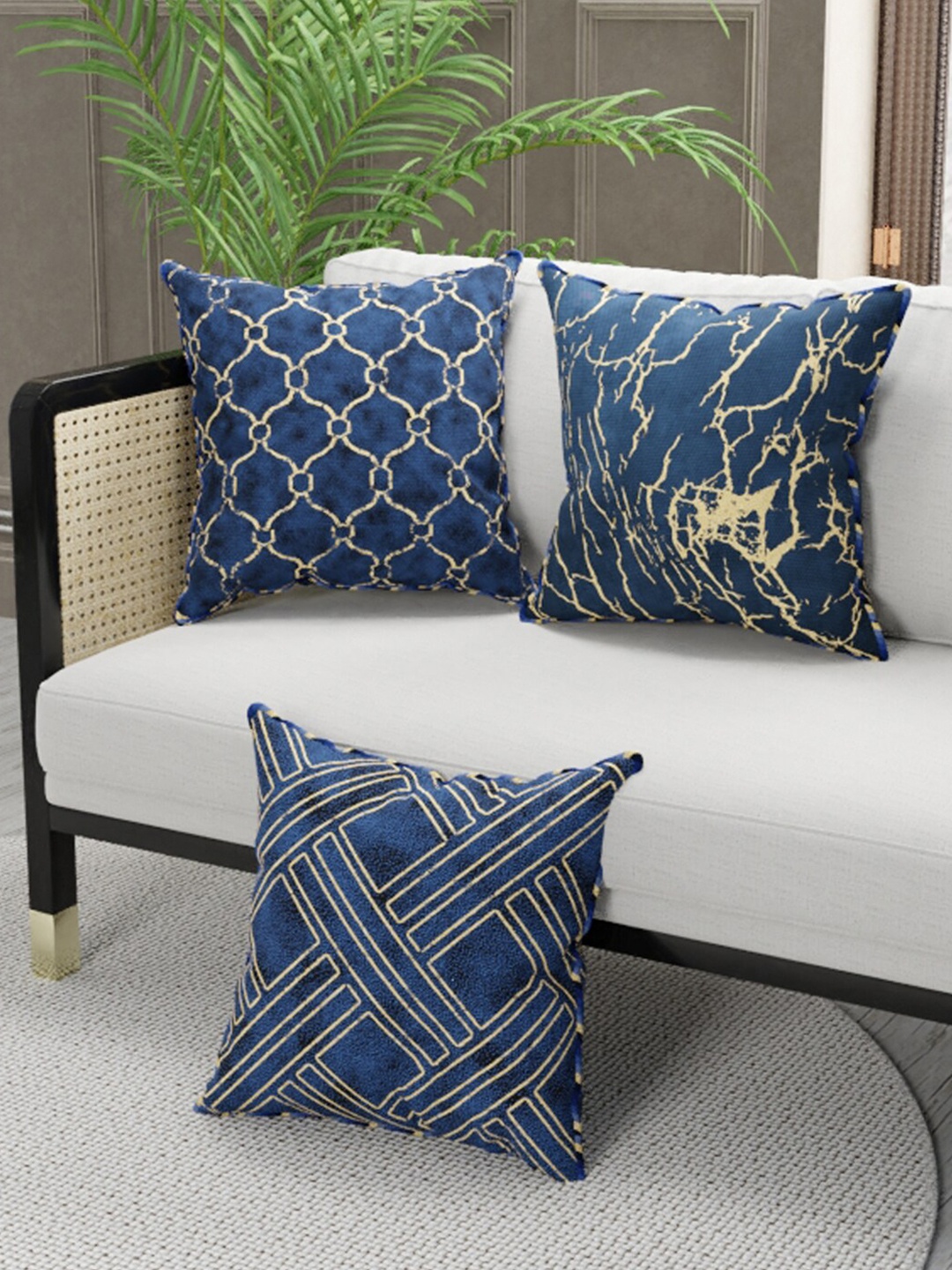 

BIANCA Navy Blue Set of 3 Abstract Square Cushion Covers