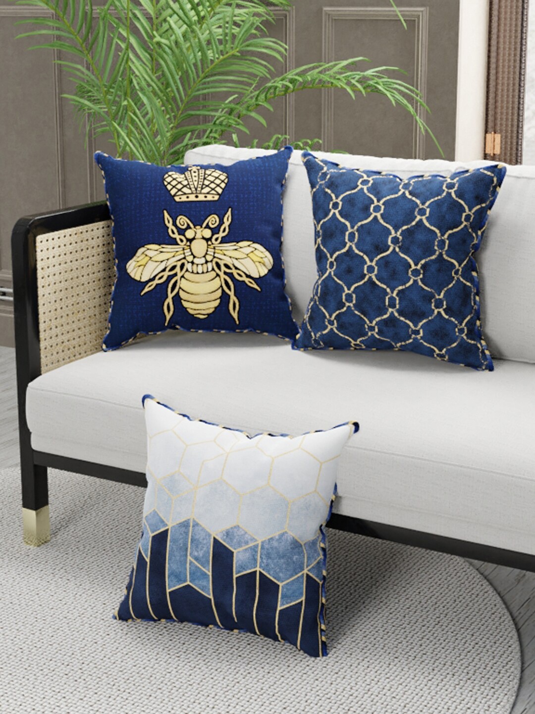 

BIANCA Set Of 3 Navy Blue & Green Floral Printed Cushion Covers