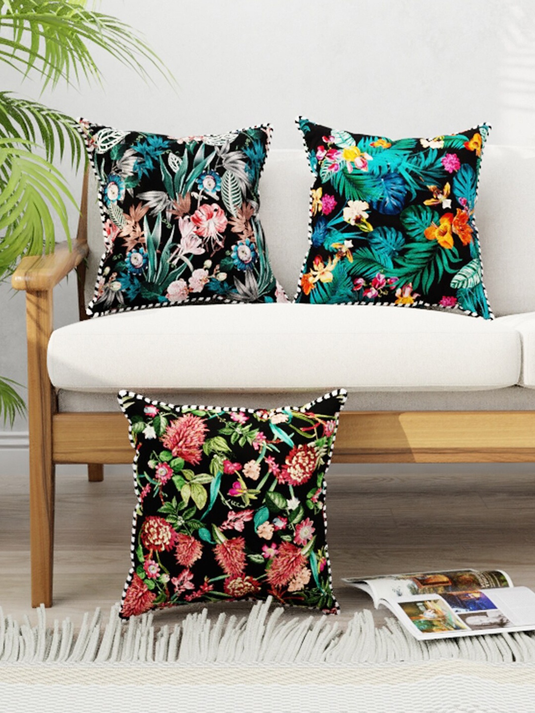 

BIANCA Black & Green Set of 3 Floral Square Cushion Covers