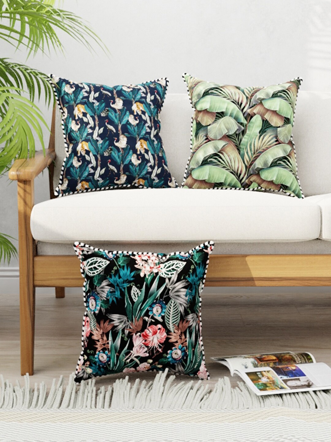 

BIANCA Set Of 3 Green Floral Printed Square Cushion Covers
