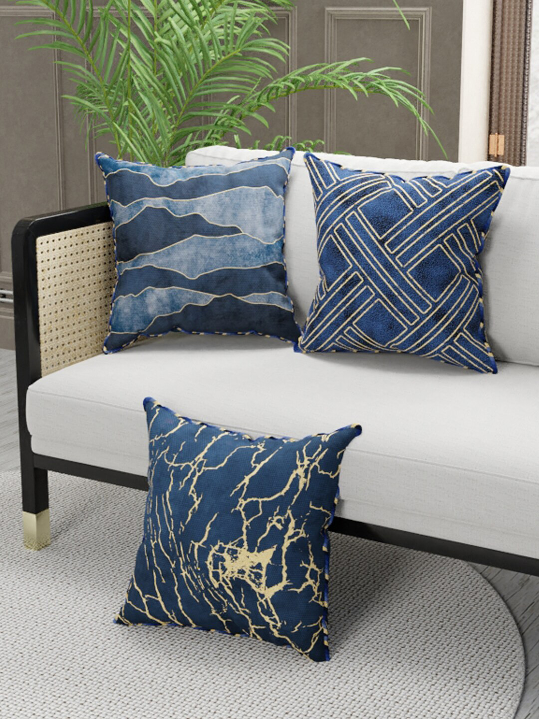

BIANCA Navy Blue & Yellow Set of 3 Floral Square Cushion Covers
