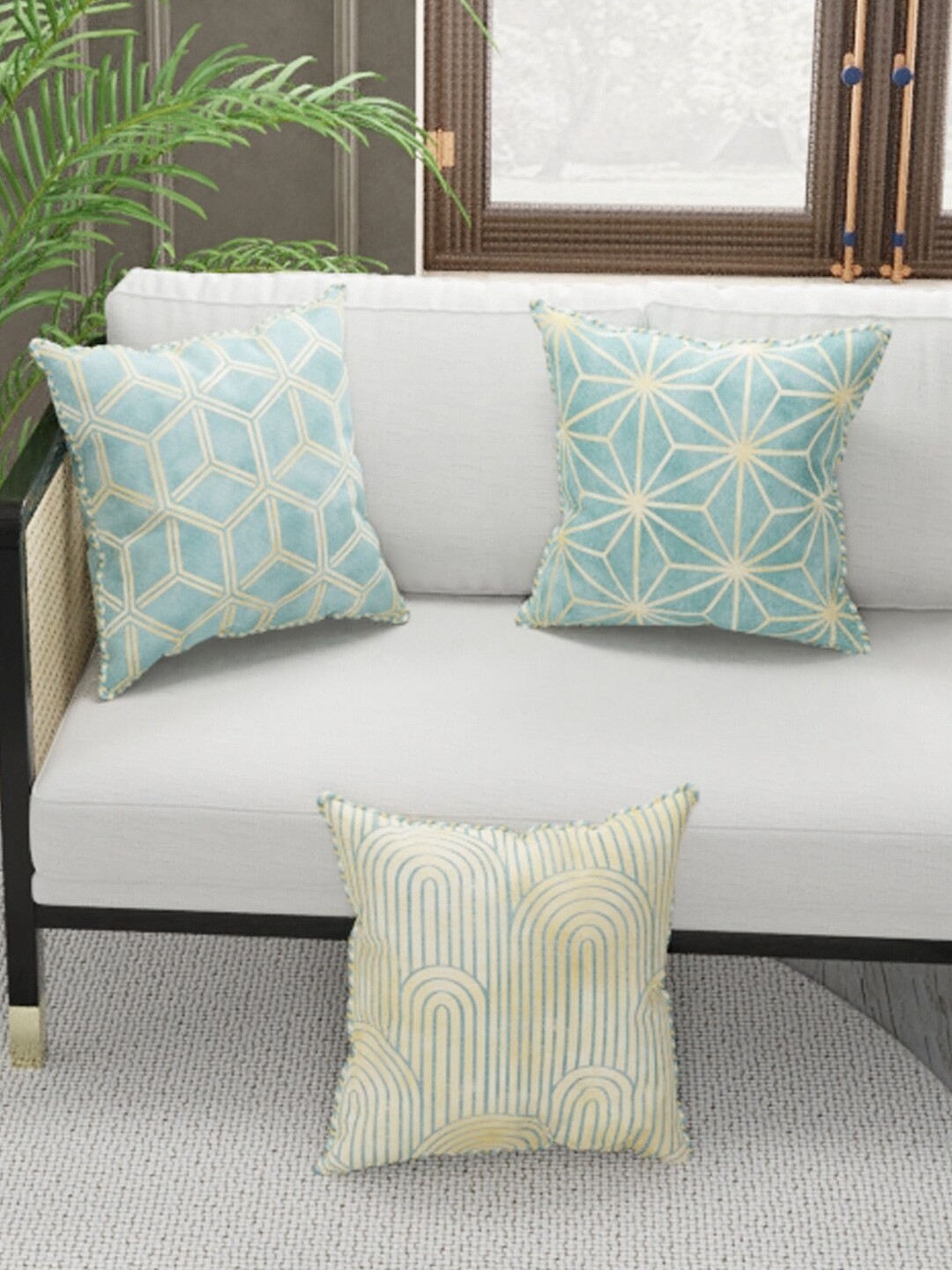 

BIANCA Set of 3 Beige & Green Geometric Square Cushion Covers