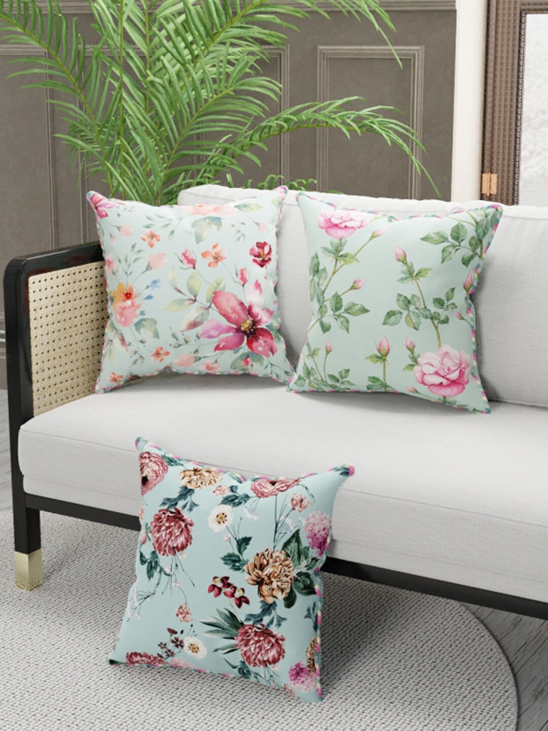 

BIANCA Green & Pink Set of 3 Floral Square Cushion Covers