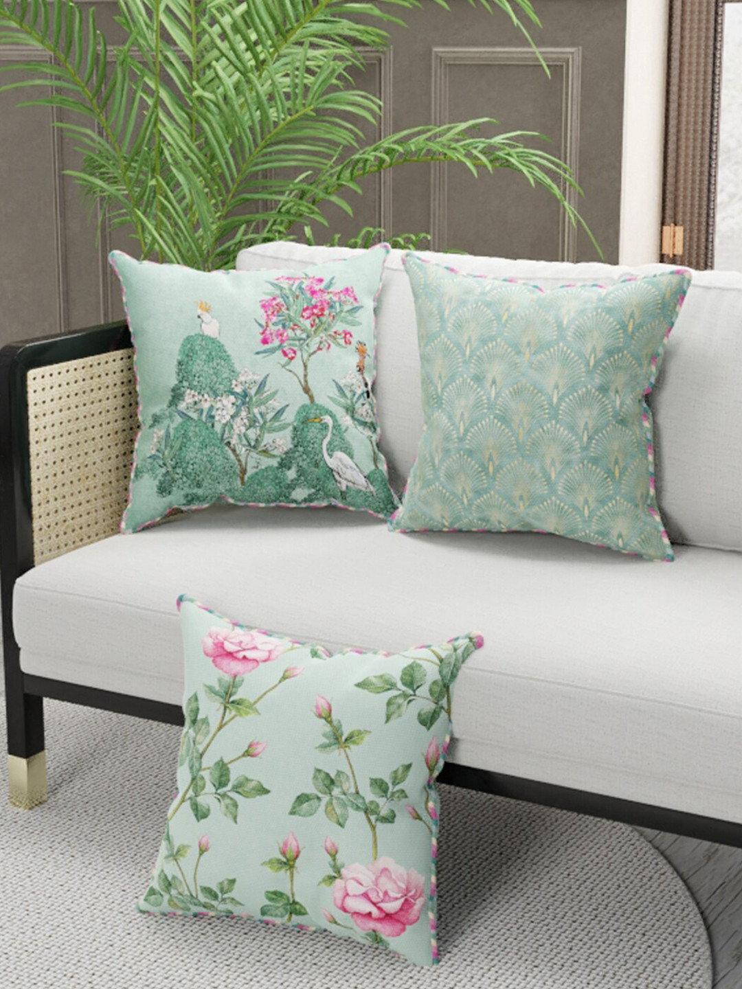 

BIANCA Green & Pink Set of 3 Floral Faux Silk-Linen Square Cushion Covers