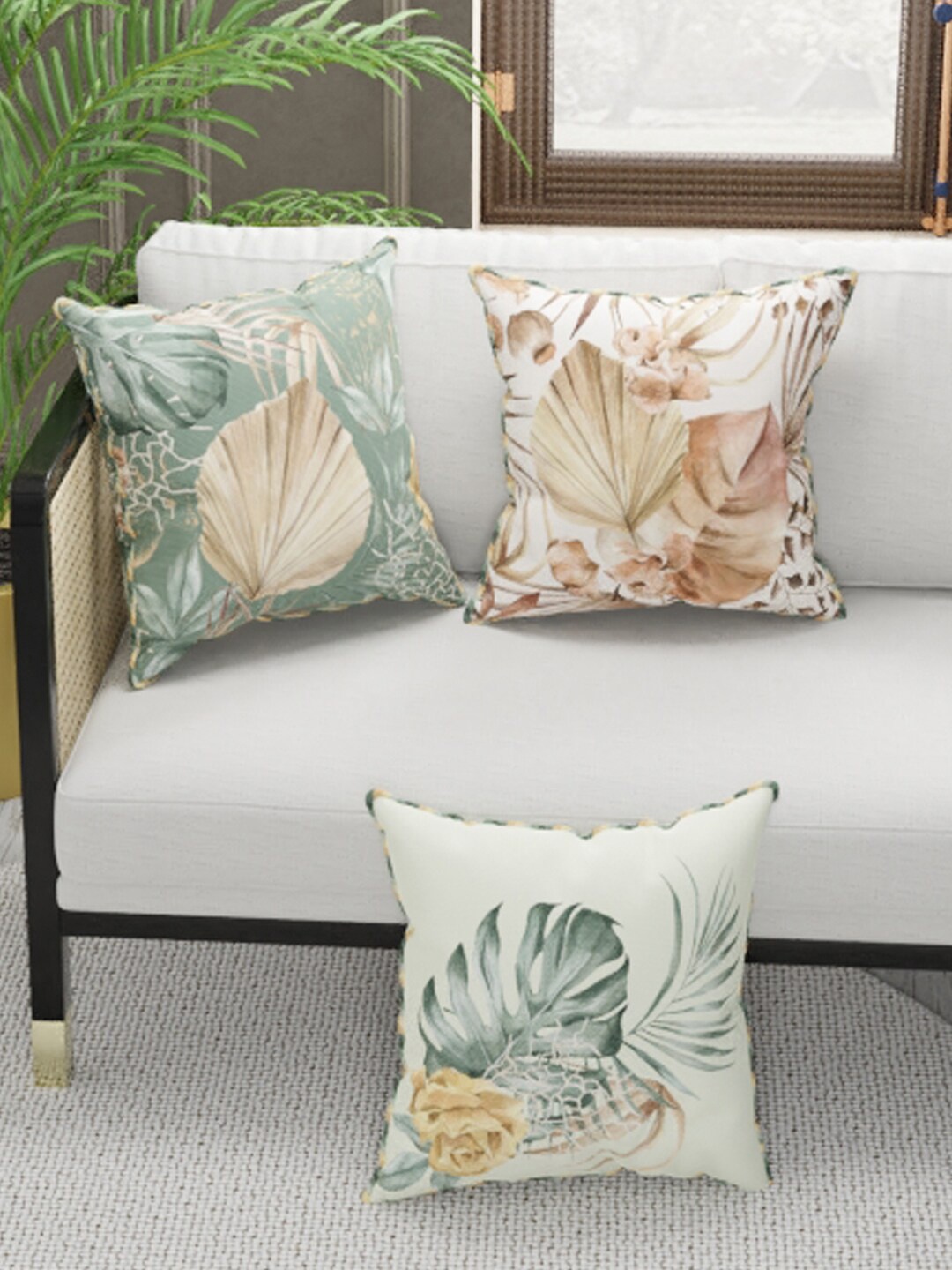 

BIANCA Green & Beige Set of 3 Floral Square Cushion Covers