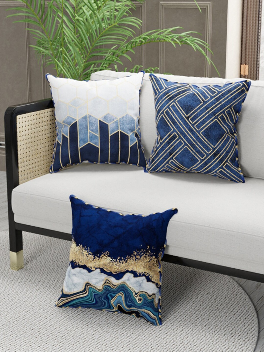 

BIANCA Set of 3 Navy Blue & Gold-Toned Geometric Square Cushion Covers
