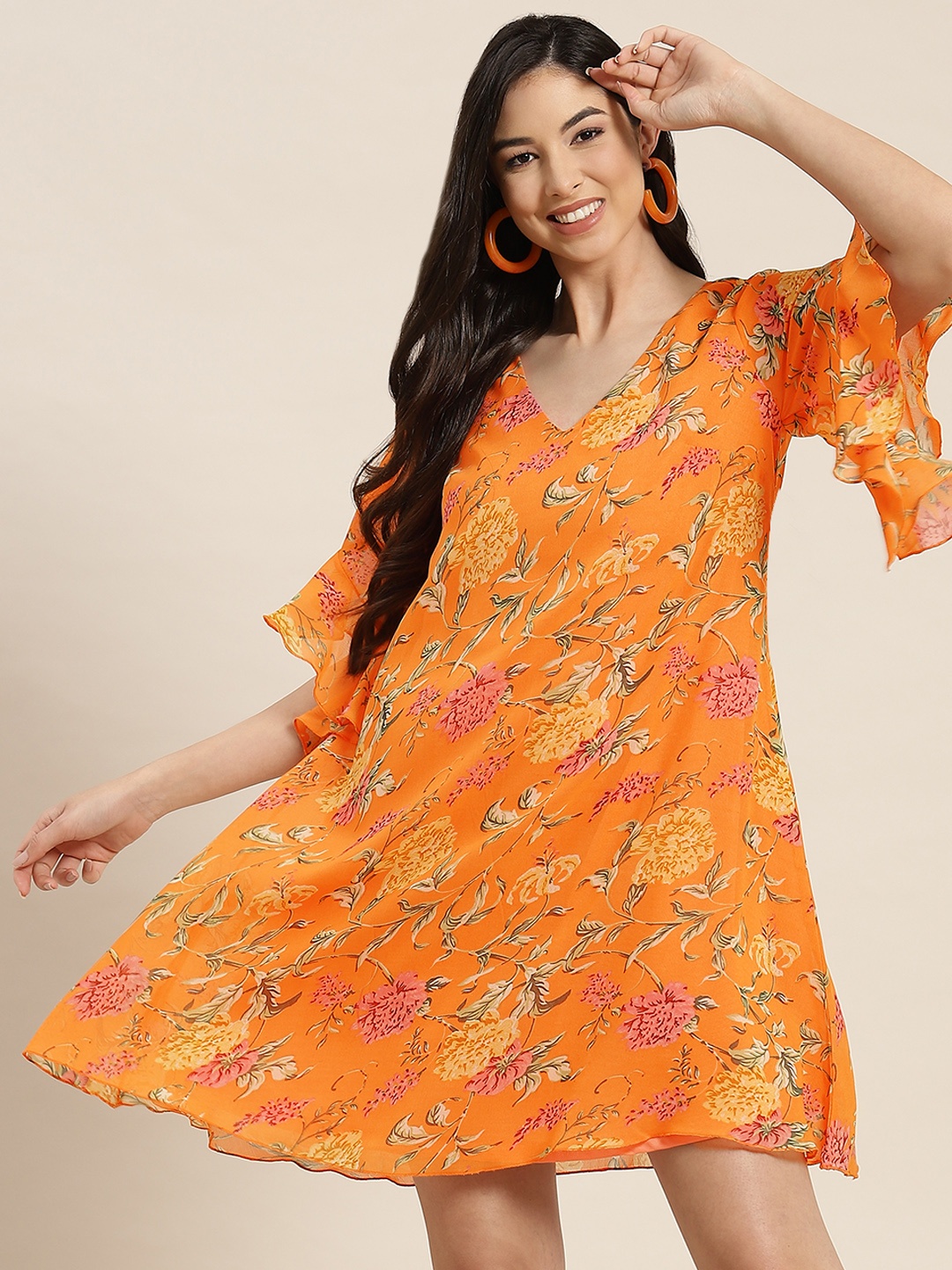 

Qurvii Orange Floral Georgette A-Line Dress