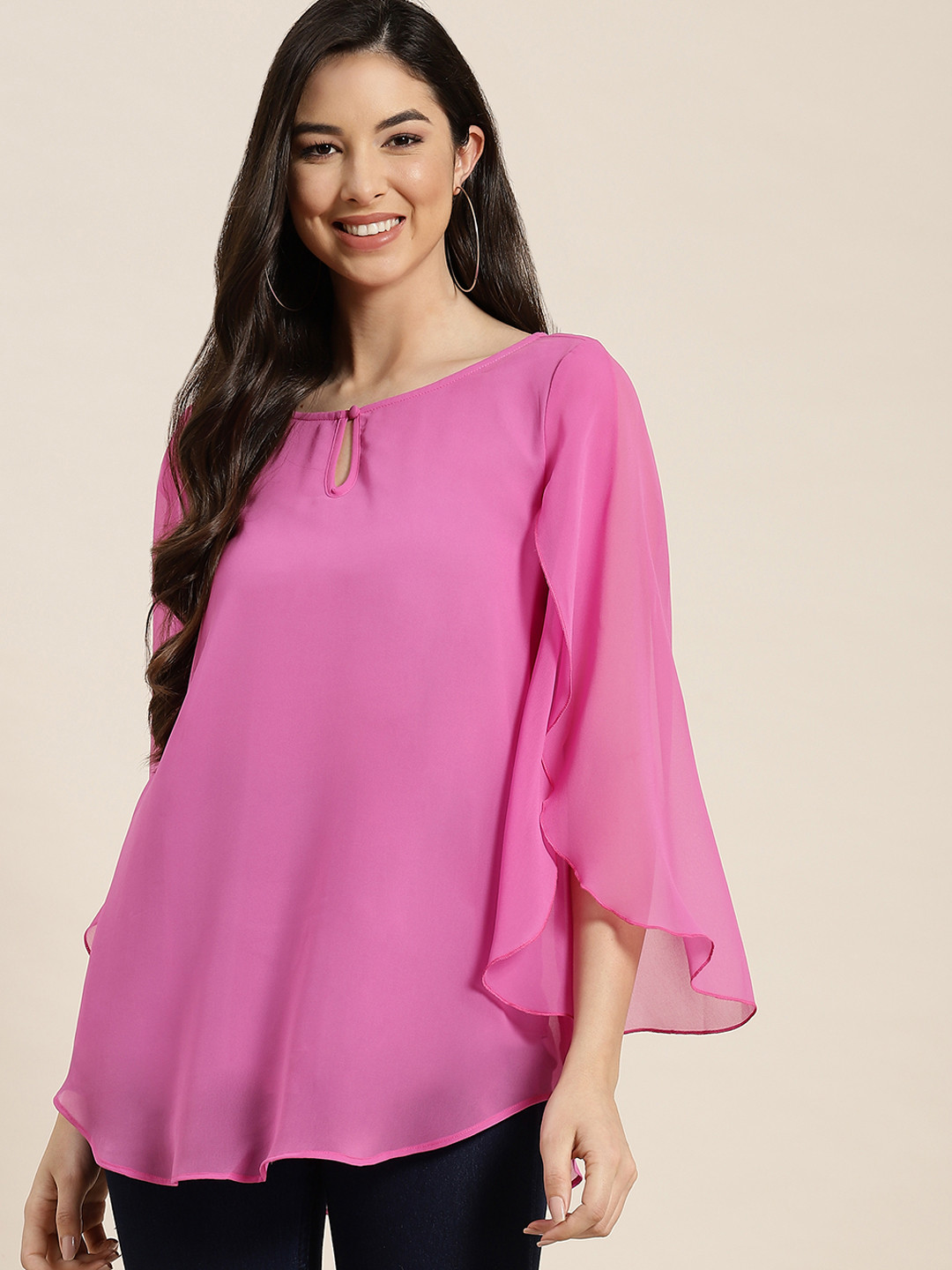 

Qurvii Women Pink Keyhole Neck Georgette Top
