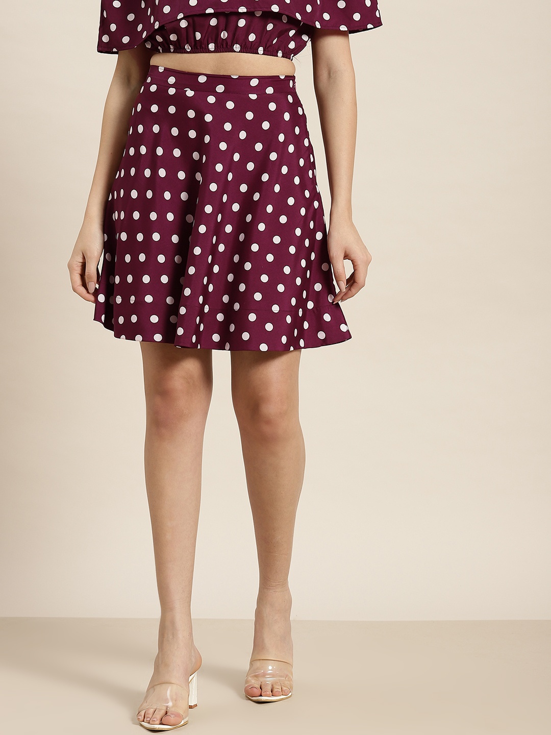 

Qurvii Women Burgundy & White Polka Dots Printed A-Line Skirt