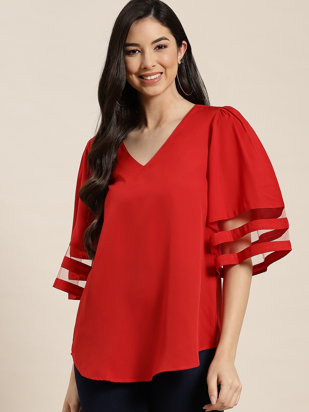 

Qurvii Women Red Top with Lace Insert Detail