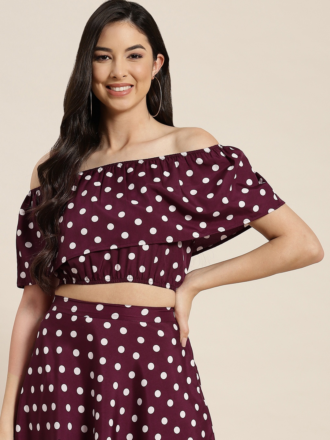 

Qurvii Women Burgundy & White Print Off-Shoulder Crop Top