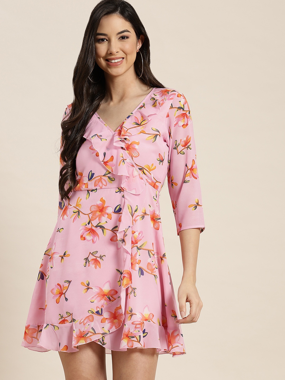 

Qurvii Pink Floral Georgette Dress