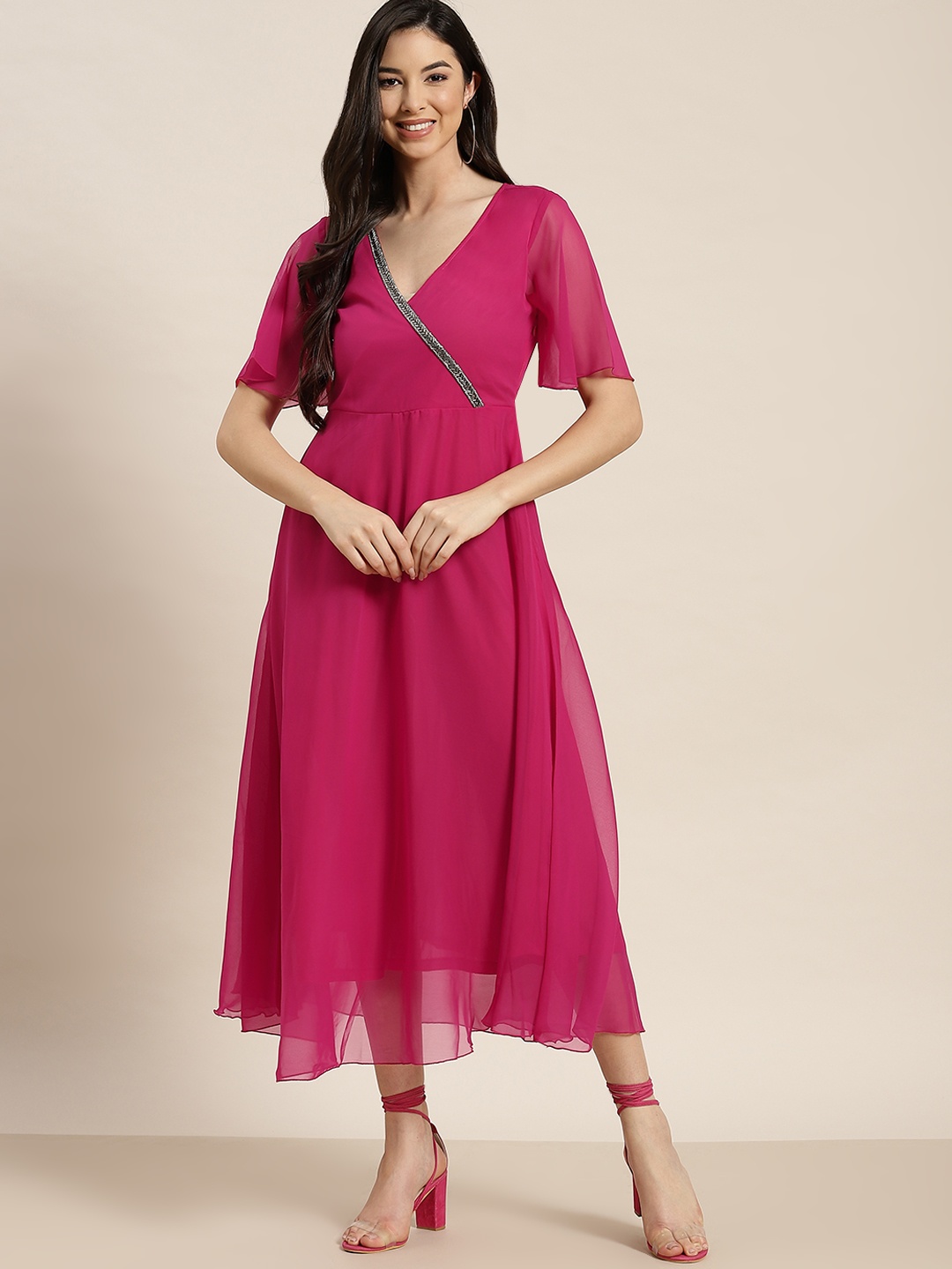 

Qurvii Pink Georgette A-Line Midi Dress