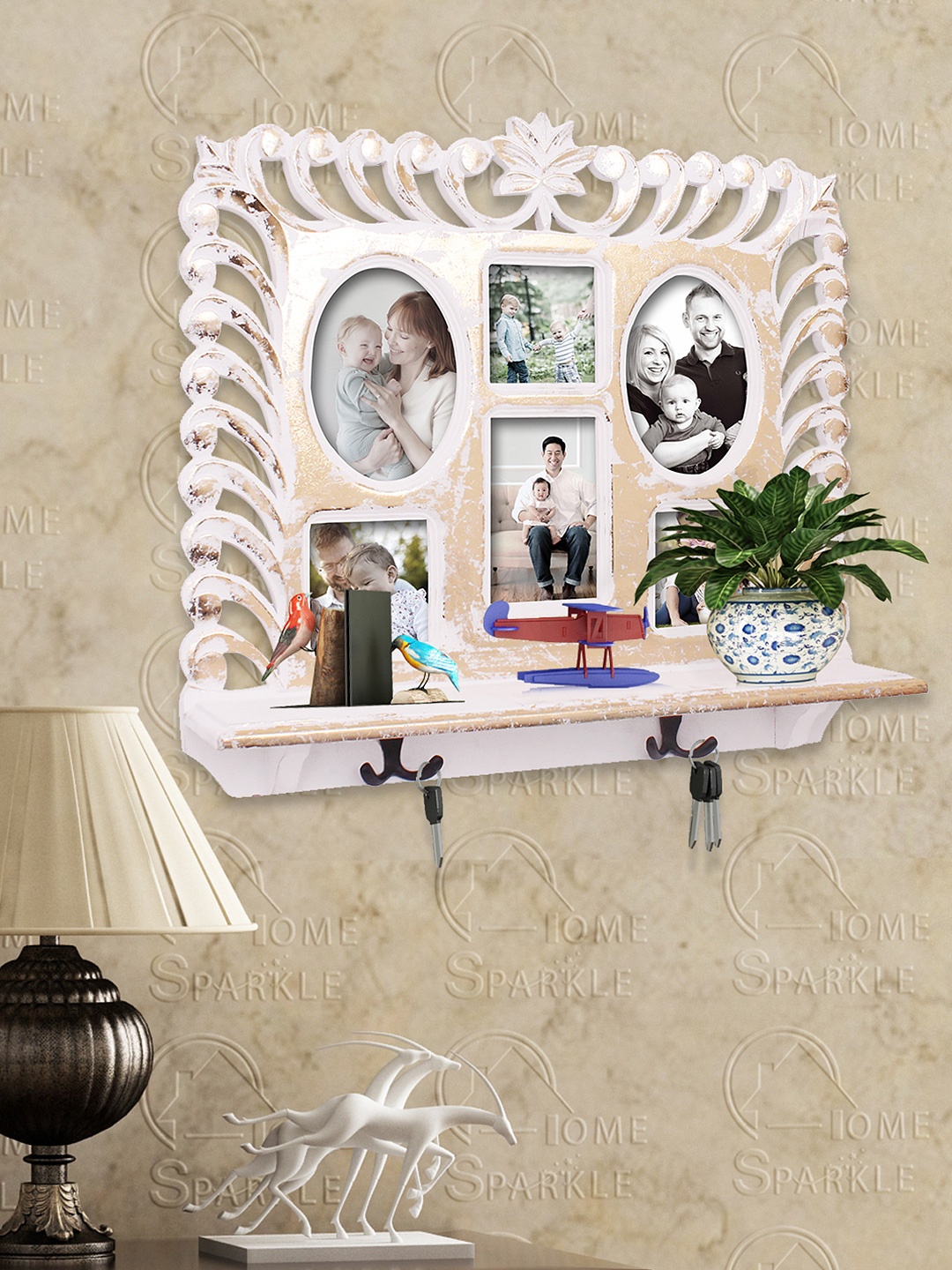

Home Sparkle White & Gold-Toned Photo Frame Wall Shelf with Hooks