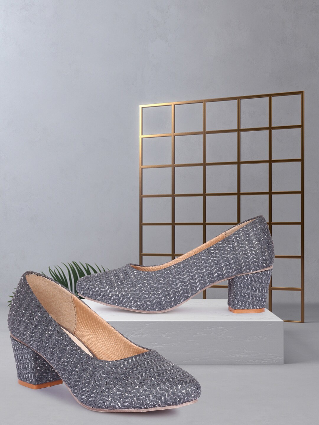 

FASHIMO Grey Embellished Party Block Pumps