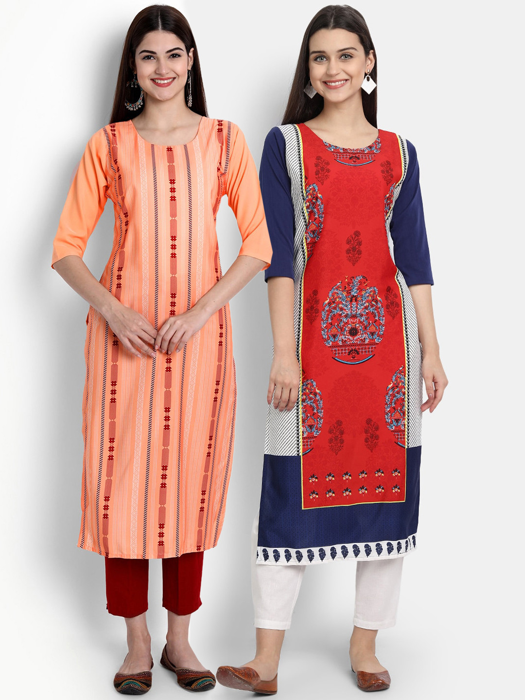 

Ethnic basket Women Multicoloured Striped Flared Sleeves Thread Work Crepe Kaftan Kurta, Multi