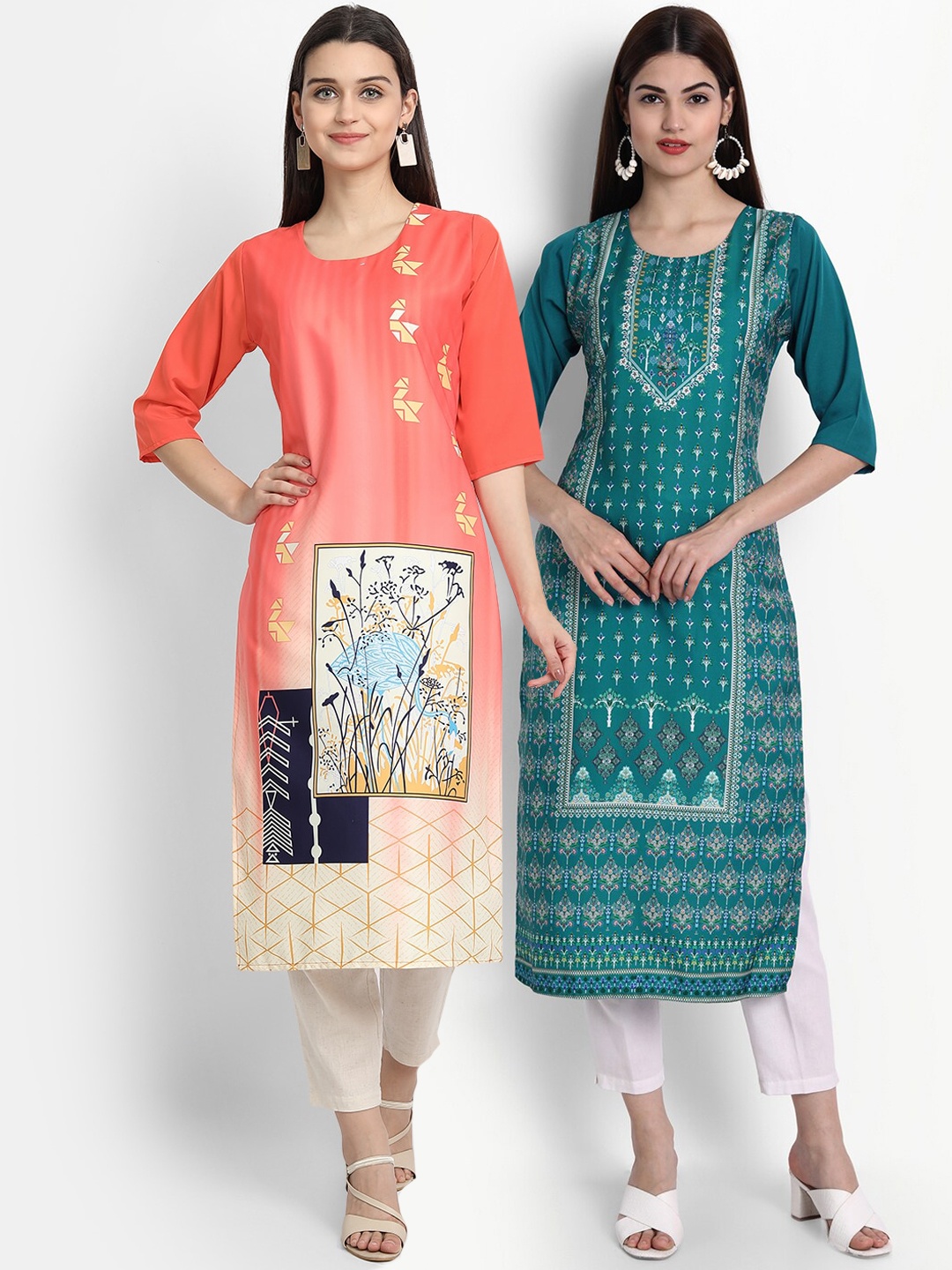 

Ethnic basket Women Green & Orange Ethnic Motifs Printed Crepe Kurta Pack Of 2