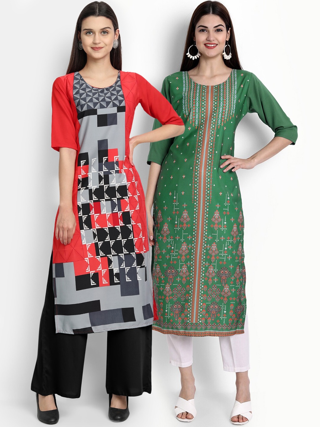 

Ethnic basket Women Pack Of 2 Multicoloured Ethnic Motifs Printed Crepe Kurta, Multi