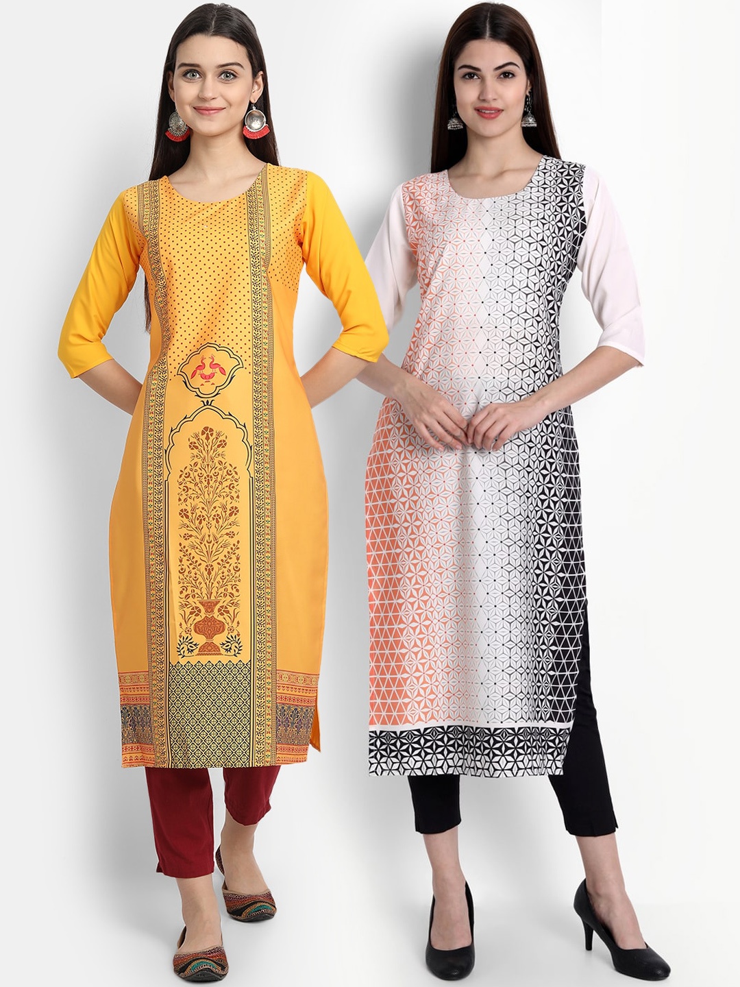 

Ethnic basket Women Pack Of 2 Multicoloured Ethnic Motifs Printed Crepe Kurta, Multi