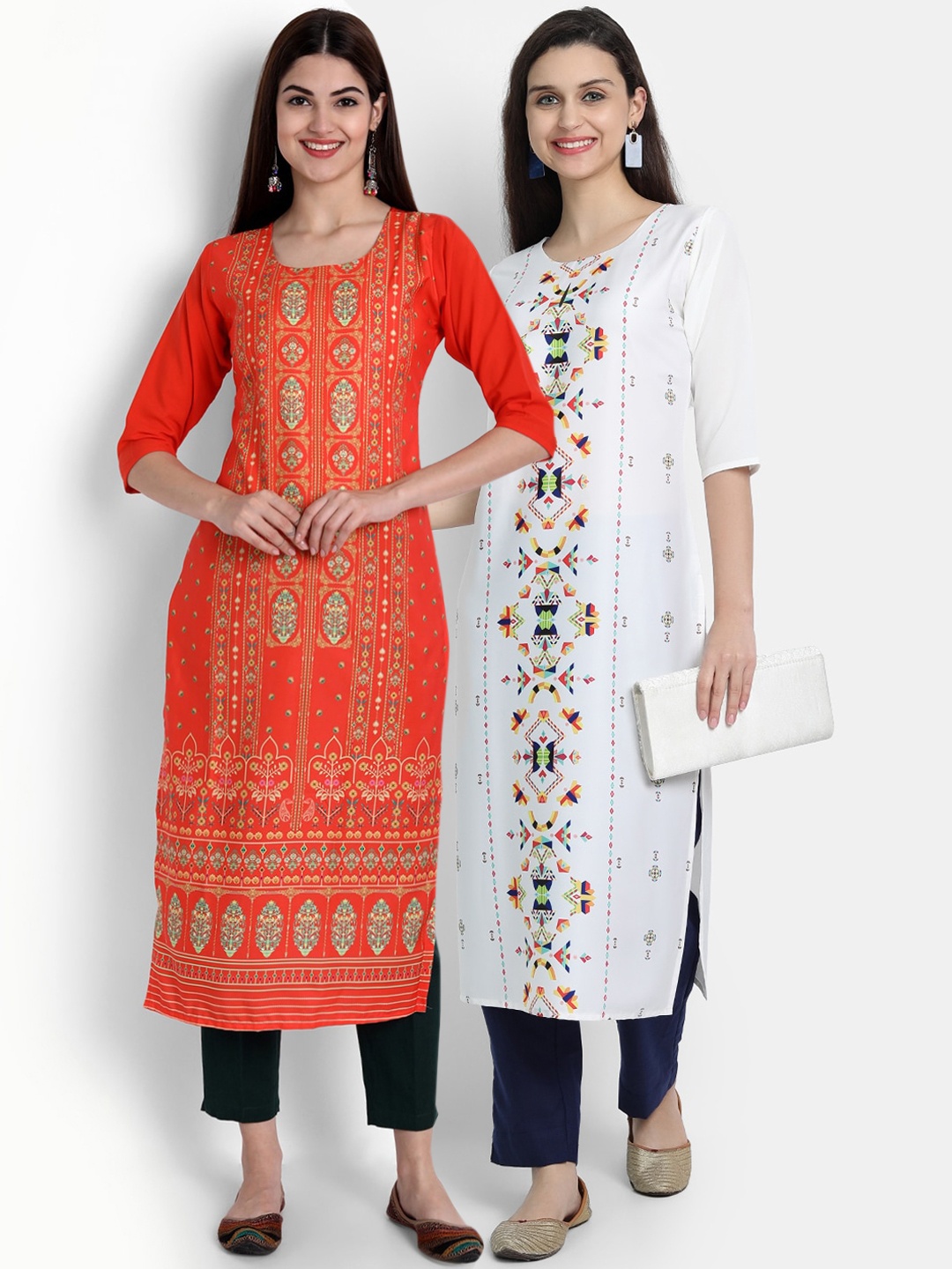 

Ethnic basket Women Pack of 2 Orange & White Ethnic Motifs Printed Crepe Kurtas