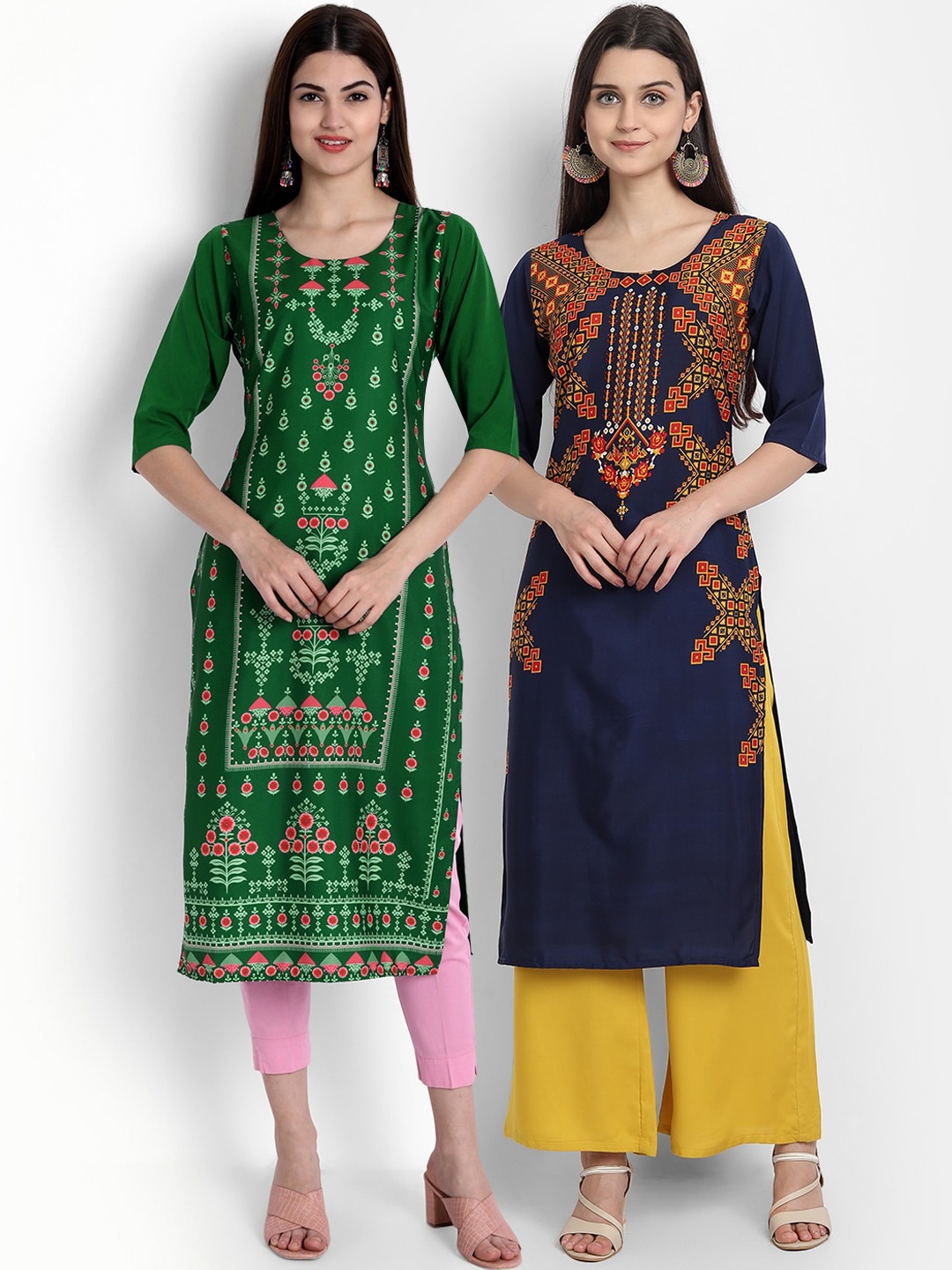 

Ethnic basket Women Pack of 2 Multicoloured Ethnic Motifs Printed Crepe Kurta, Multi