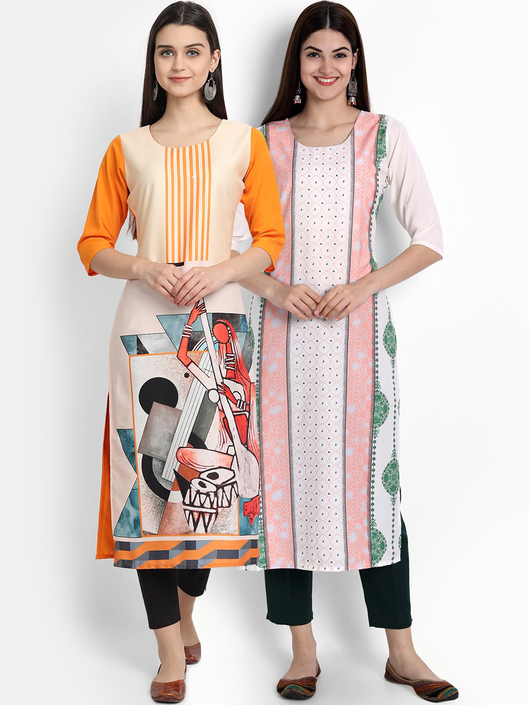 

Ethnic basket Women Orange & White Printed Crepe Kurta