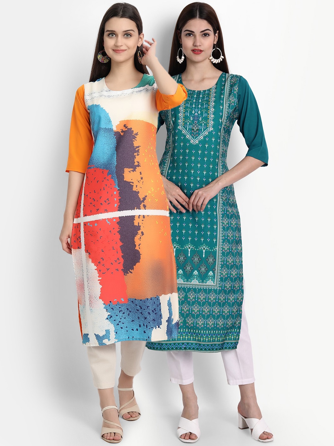 

Ethnic basket Women Multicoloured & Teal Printed Crepe Kurta, Multi
