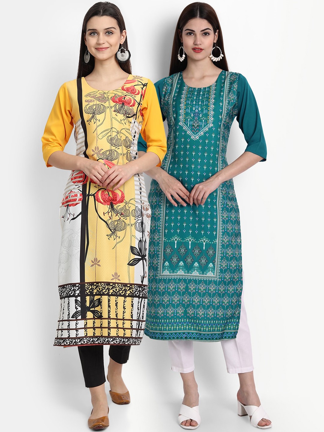 

Ethnic basket Women Set Of 2 Yellow & Teal Blue Ethnic Motifs Printed Crepe Kurta