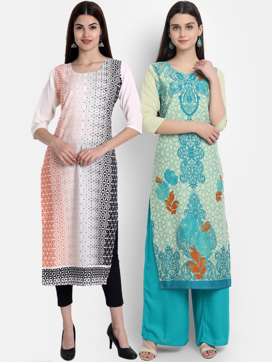 

Ethnic basket Women Pack Of 2 Multicoloured Ethnic Motifs Printed Crepe Kurta, Multi