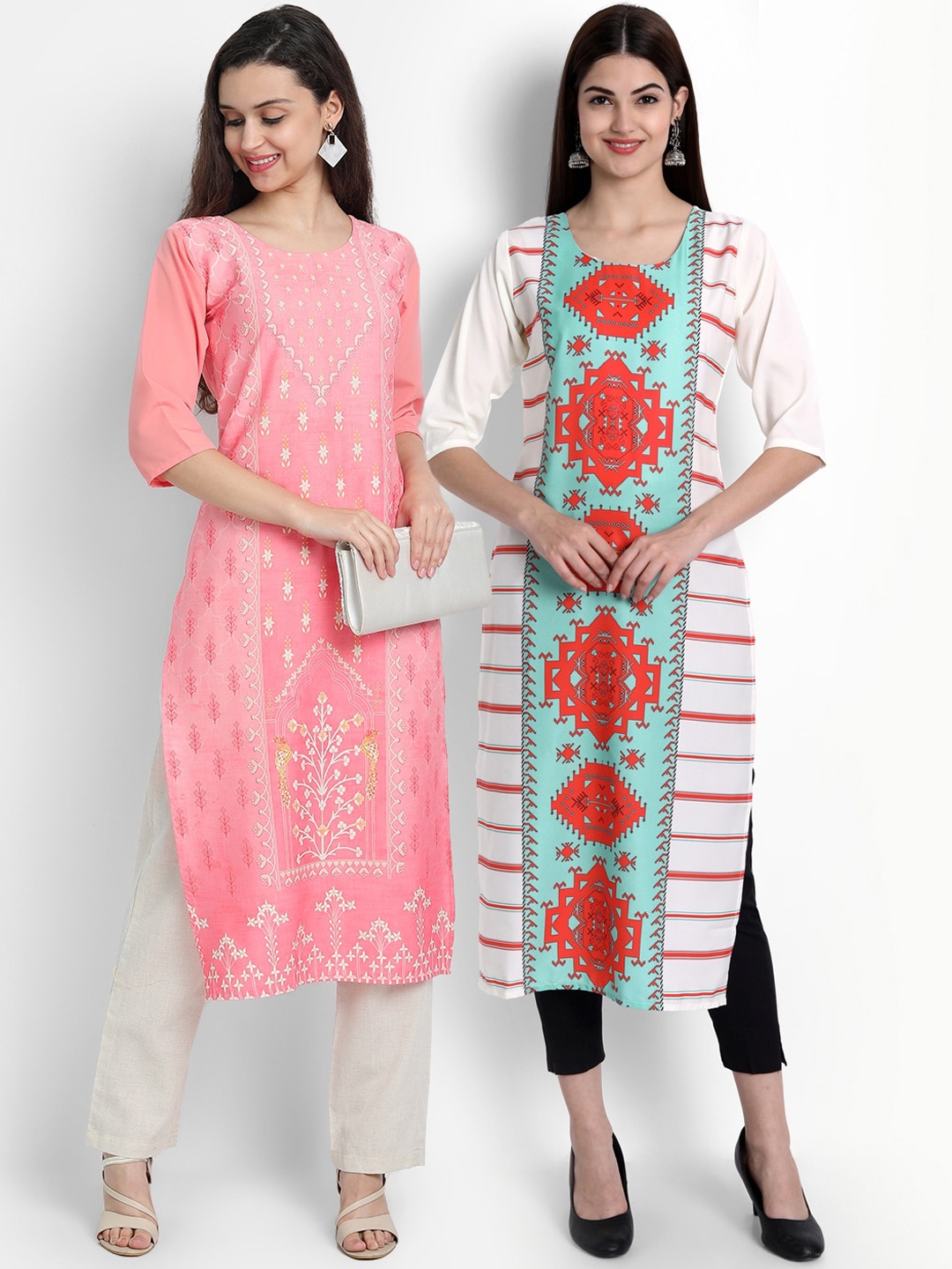 

Ethnic basket Women Pink & White Ethnic Motifs Printed Crepe Kurta