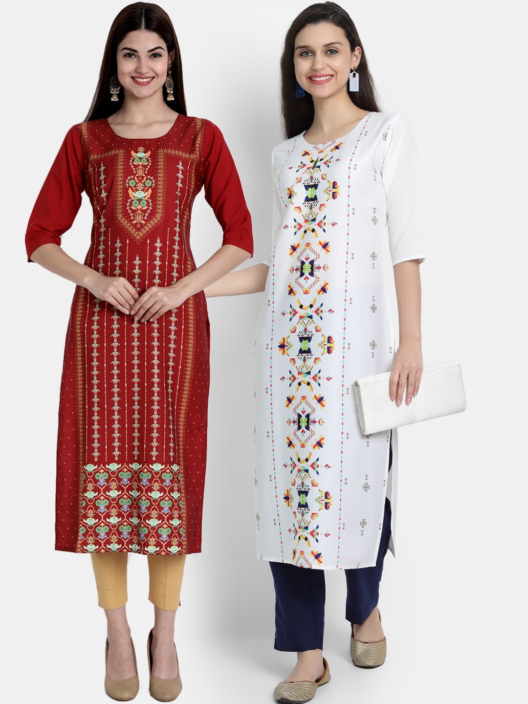 

Ethnic basket Women Pack Of 2 Multicoloured Ethnic Motifs Printed Crepe Kurta, Multi