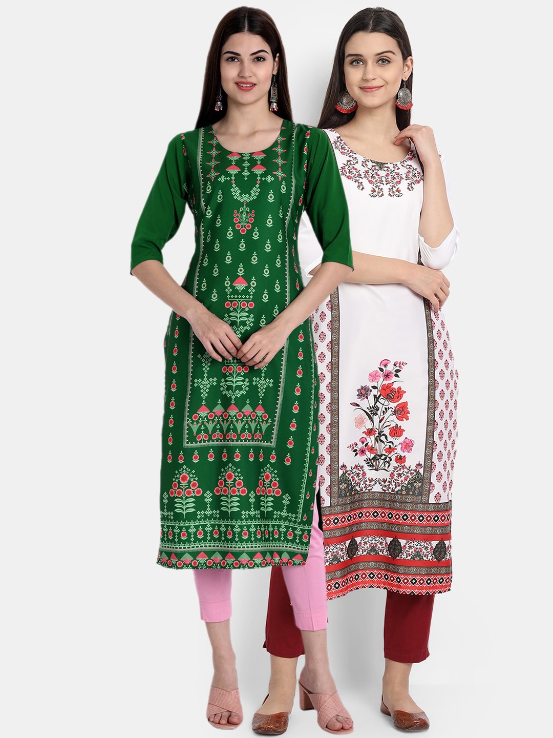 

Ethnic basket Women Green & White Floral Printed Crepe Kurta