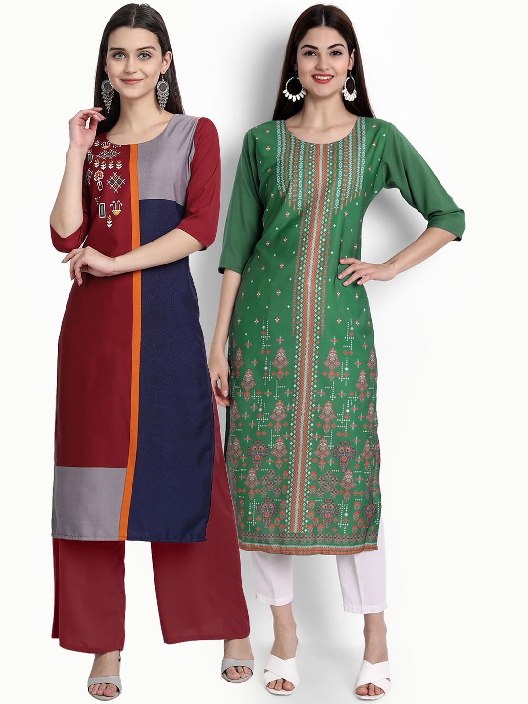 

Ethnic basket Women Maroon & Green Ethnic Motifs Printed Crepe Kurta