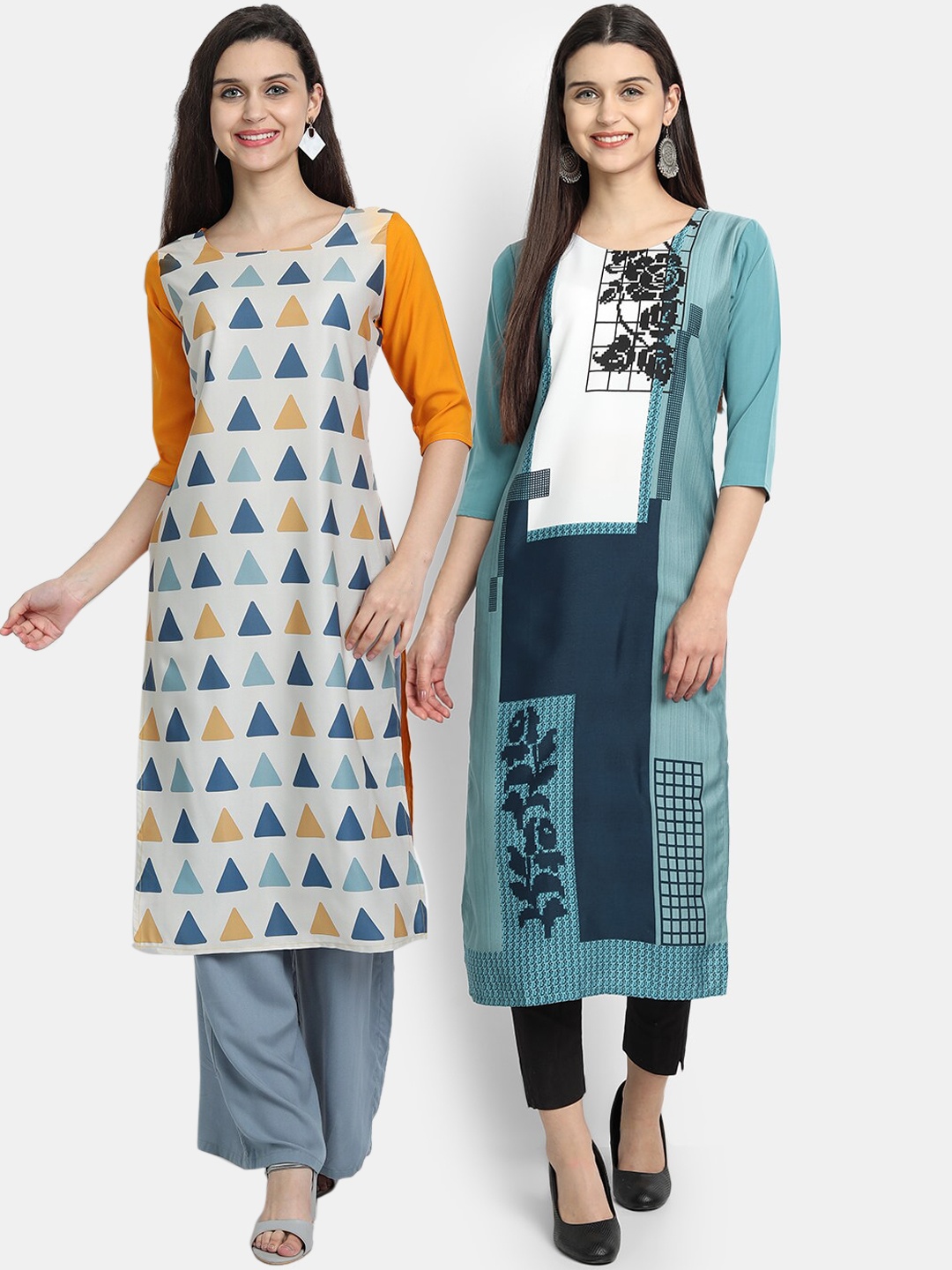 

Ethnic basket Women Pack Of 2 Multicoloured Ethnic Motifs Printed Crepe Kurta, Multi