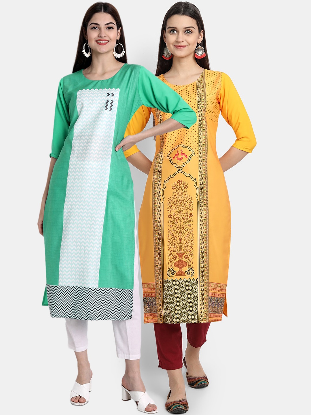 

Ethnic basket Women Green & Yellow Ethnic Motifs Printed Crepe Kurta
