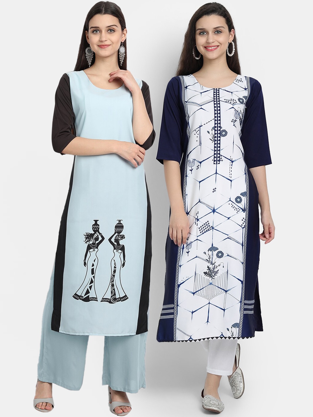 

Ethnic basket Women Blue & White Pack Of 2 Printed Crepe Kurta