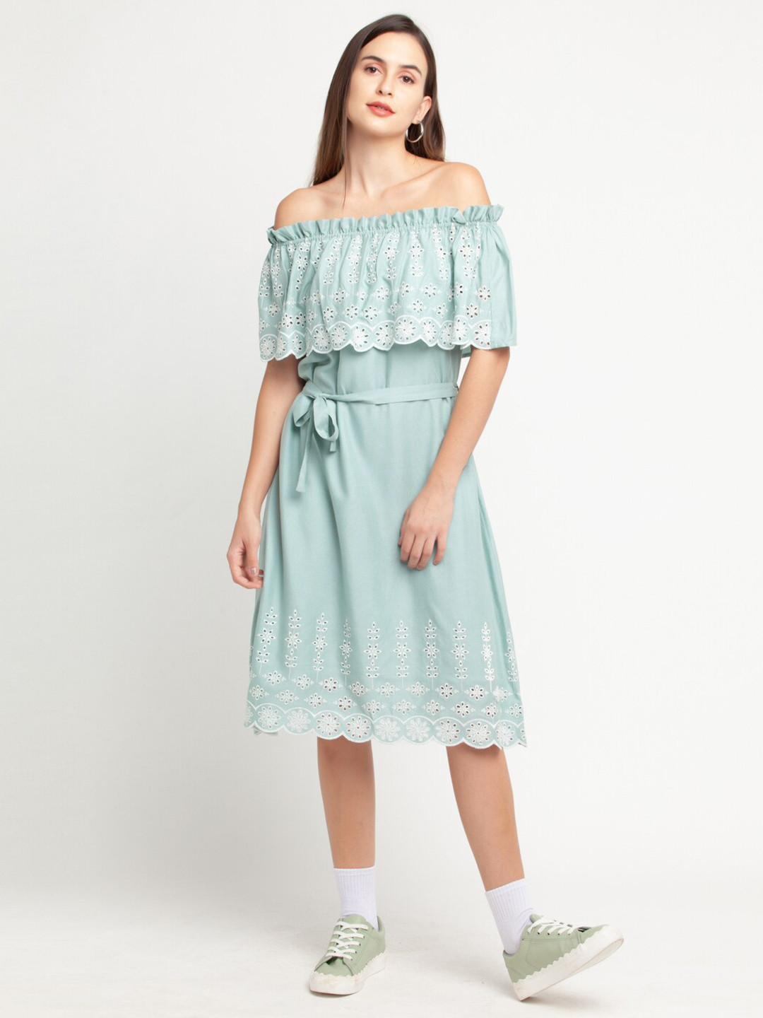 

Zink London Green Off-Shoulder A-Line Pure Cotton Dress