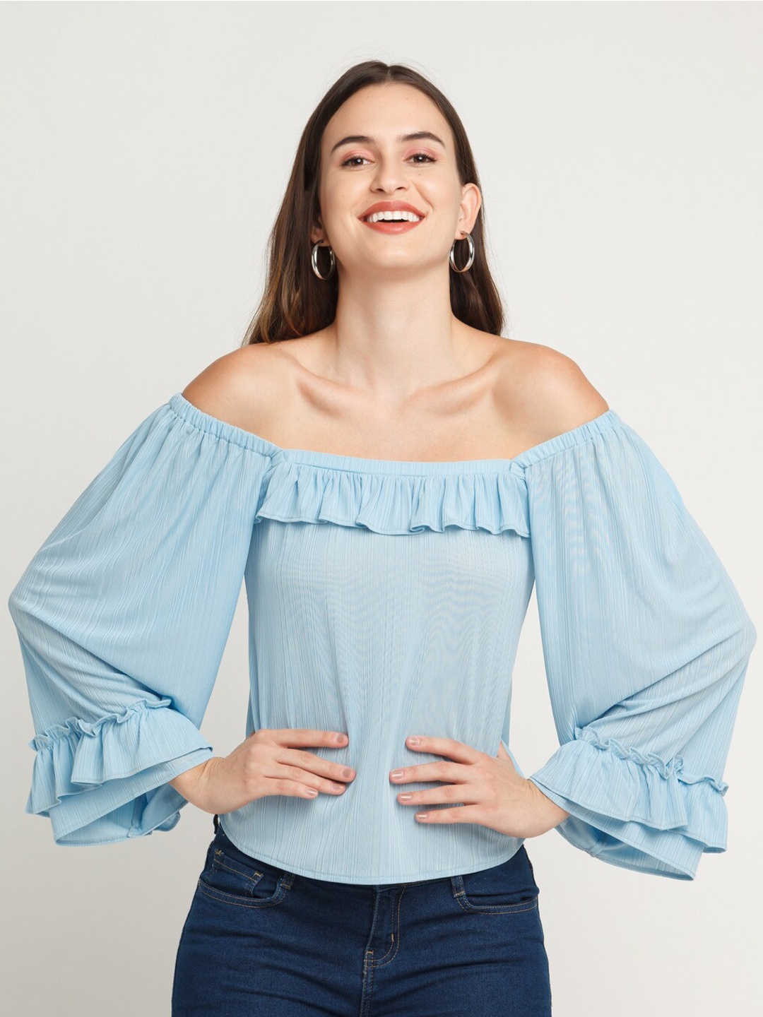 

Zink London Women Blue Off-Shoulder Bardot Top