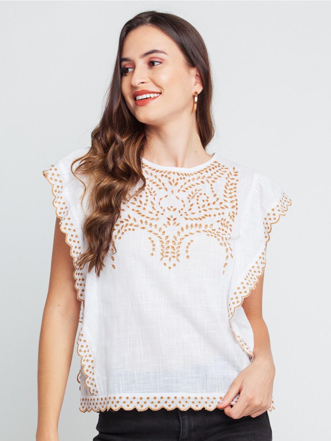 

Zink London Women Off White & Mustard Self Design Embroidered Pure Cotton Top