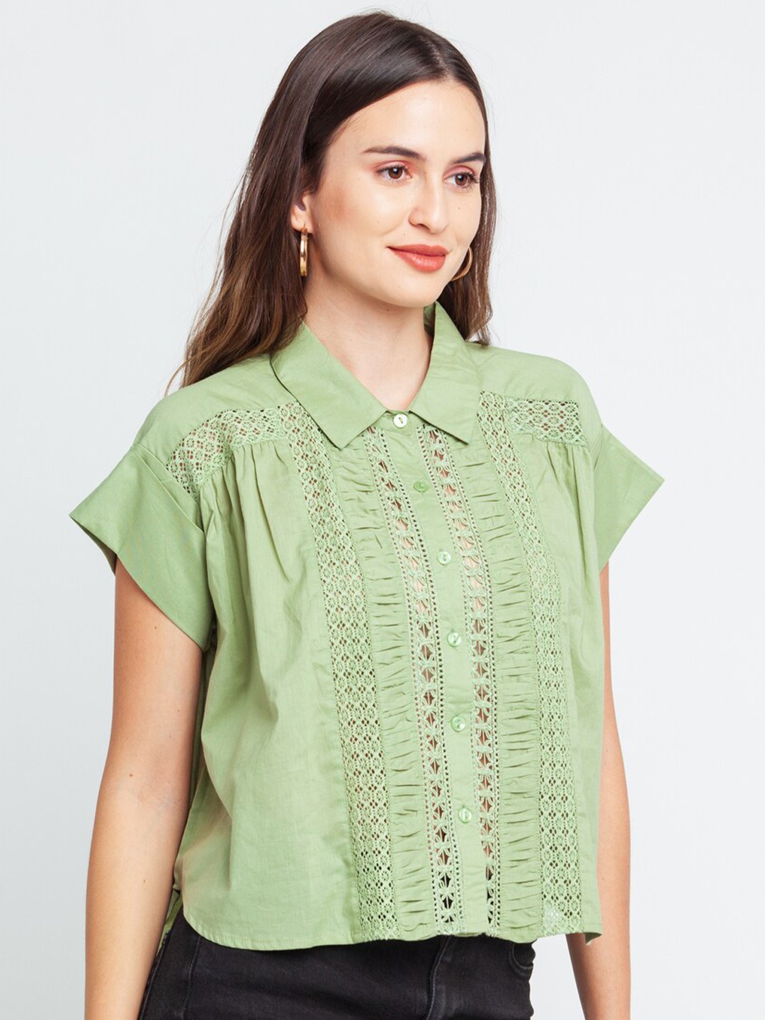 

Zink London Women Green Self Design Cotton Shirt Style Top