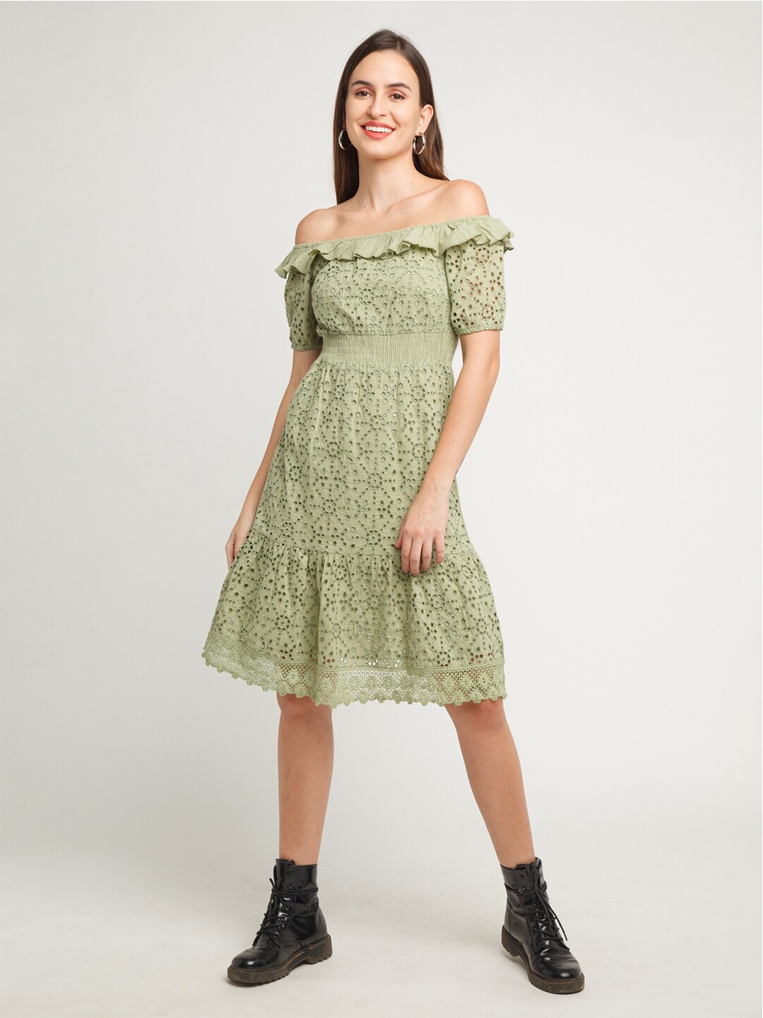 

Zink London Green Off-Shoulder A-Line Dress