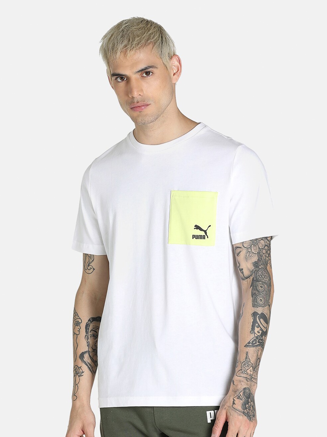 

Puma Men White & Yellow Brand Logo Printed Regular Fit Cotton T-shirt