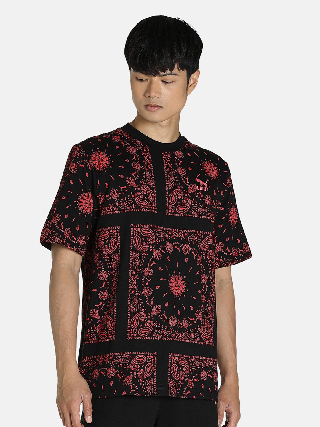 

Puma Men Black & Red Ethnic Motifs Printed OB AOP T-Shirt