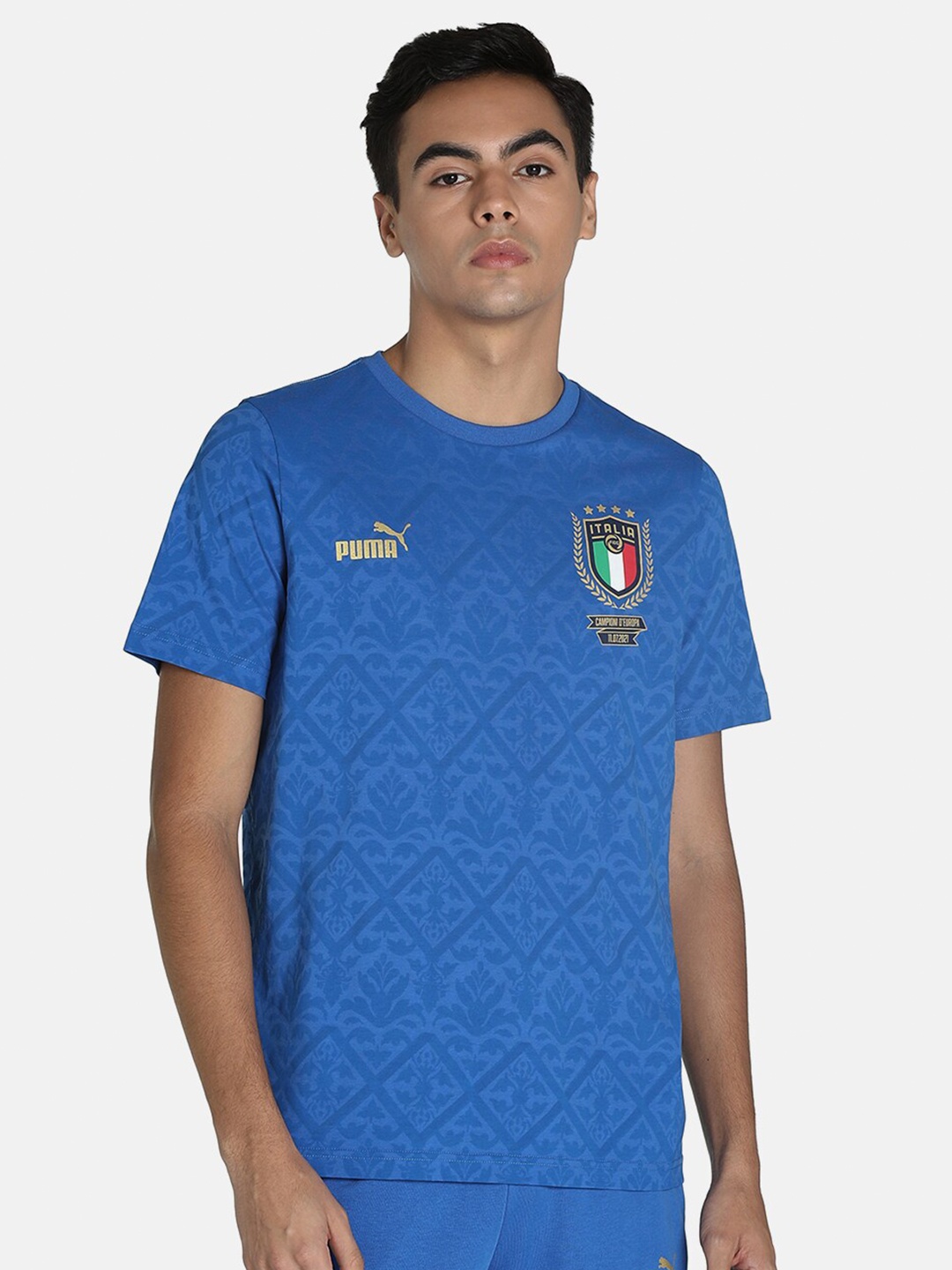 

Puma Men Blue & Gold-Toned Printed Regular Fit Cotton T-shirt