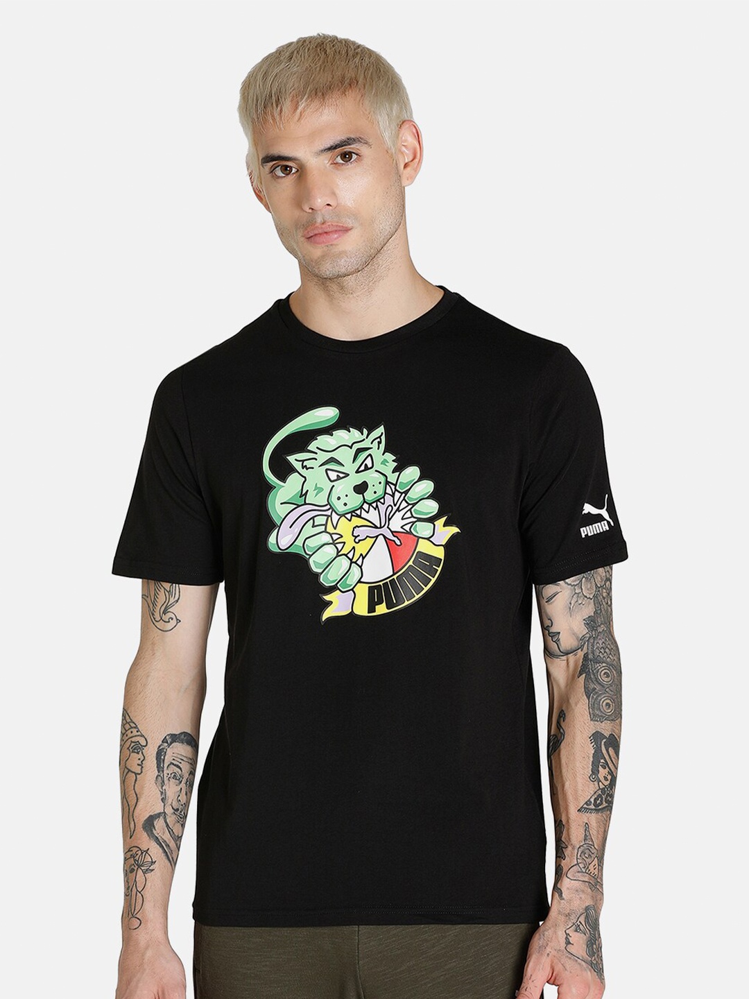 

Puma Men Black & Sea Green Printed Cotton Round Neck T-shirt