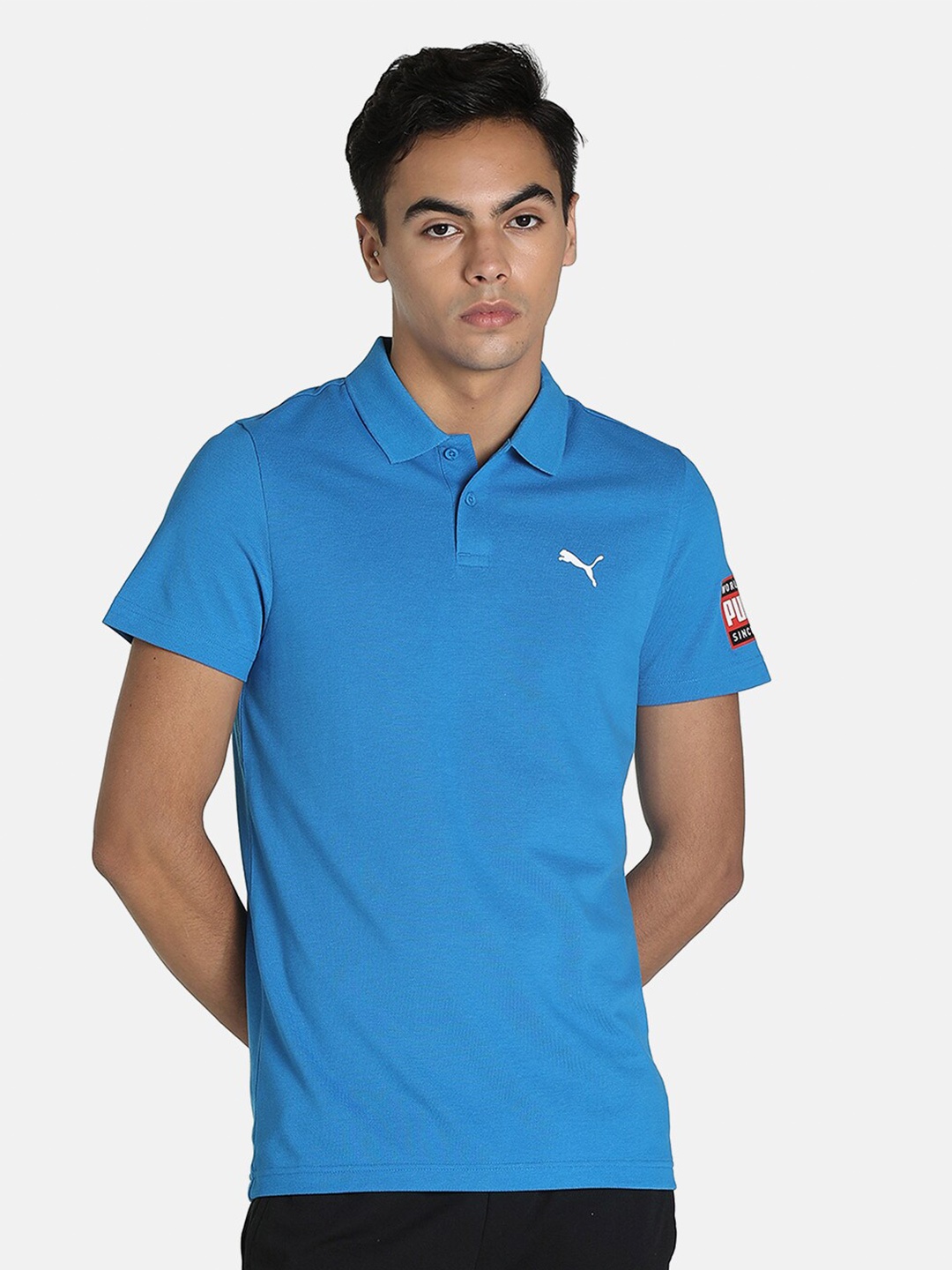 

Puma Men Blue Polo Collar Slim Fit Training or Gym Cotton T-shirt