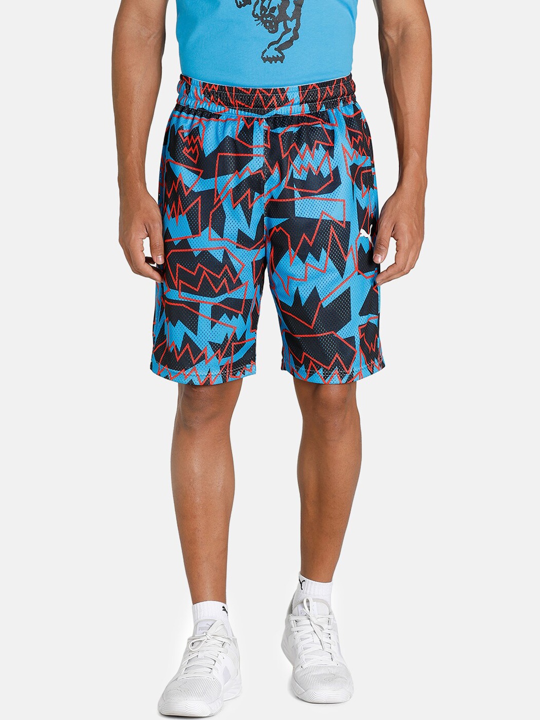 

Puma Men Black & Blue Printed Mesh Practice Basketball Shorts