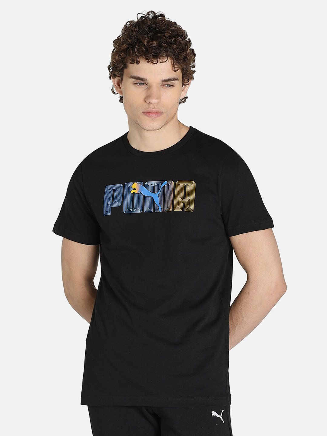 

Puma Men Black & Blue Brand Logo Printed Slim Fit Cotton T-shirt